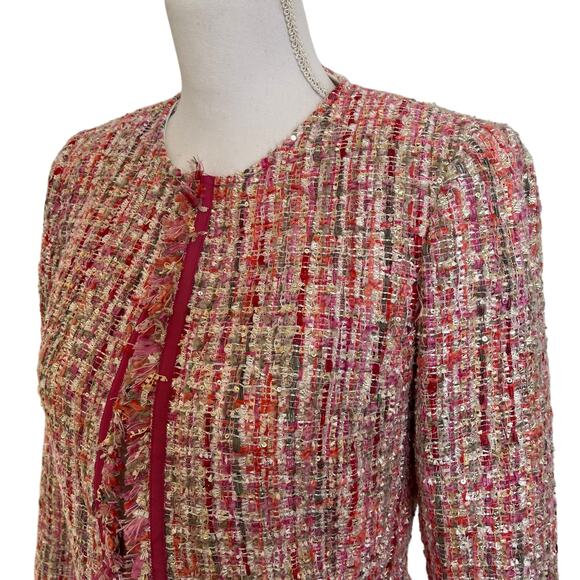 Tahari Arthur S. Levine Jacket Women's Size 2 Pink Multi Boucle Ribbon Fringed - Picture 4 of 11